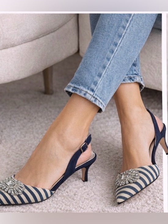 Chico's Shoes - Chico’s Navy Striped Slingback Heels Crystal Brooch Pointed Toe Size 7.5